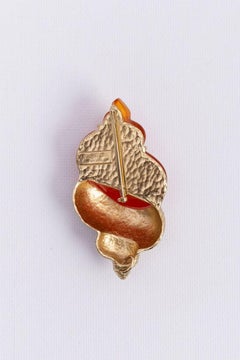 Dior Silver Plated Shell Brooch with Orange Resin
