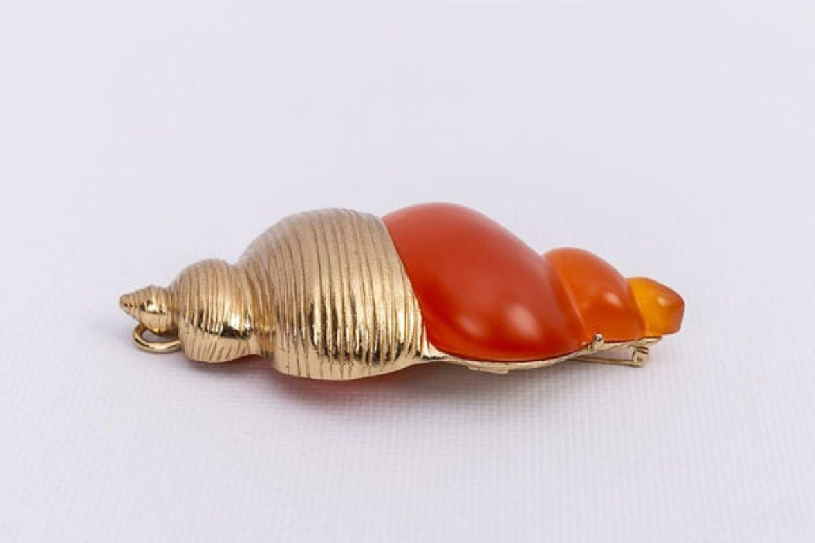 Women's or Men's Dior Silver Plated Shell Brooch with Orange Resin For Sale