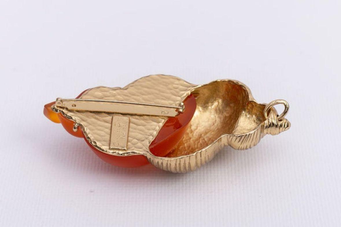 Dior Silver Plated Shell Brooch with Orange Resin For Sale 1
