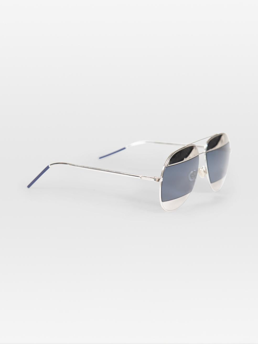 CONDITION is Good. General wear to the sunglasses is evident. Moderate scratches on both lenses on this used Dior designer resale item. This pair of sunglasses comes in the original box.
 
 Details
 
 
 Model: Split
 
 Silver
 
 Metal
 
 Sunglasses
