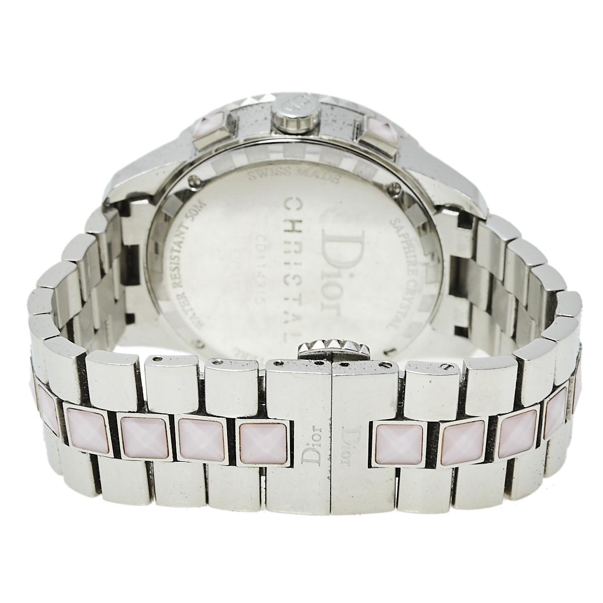 Here's a timepiece to not only assist you with the correct time but also elevate your style quotient. This Dior watch is from their Christal collection, and it is Swiss-made. It is made of stainless steel and embellished with diamonds and sapphires.