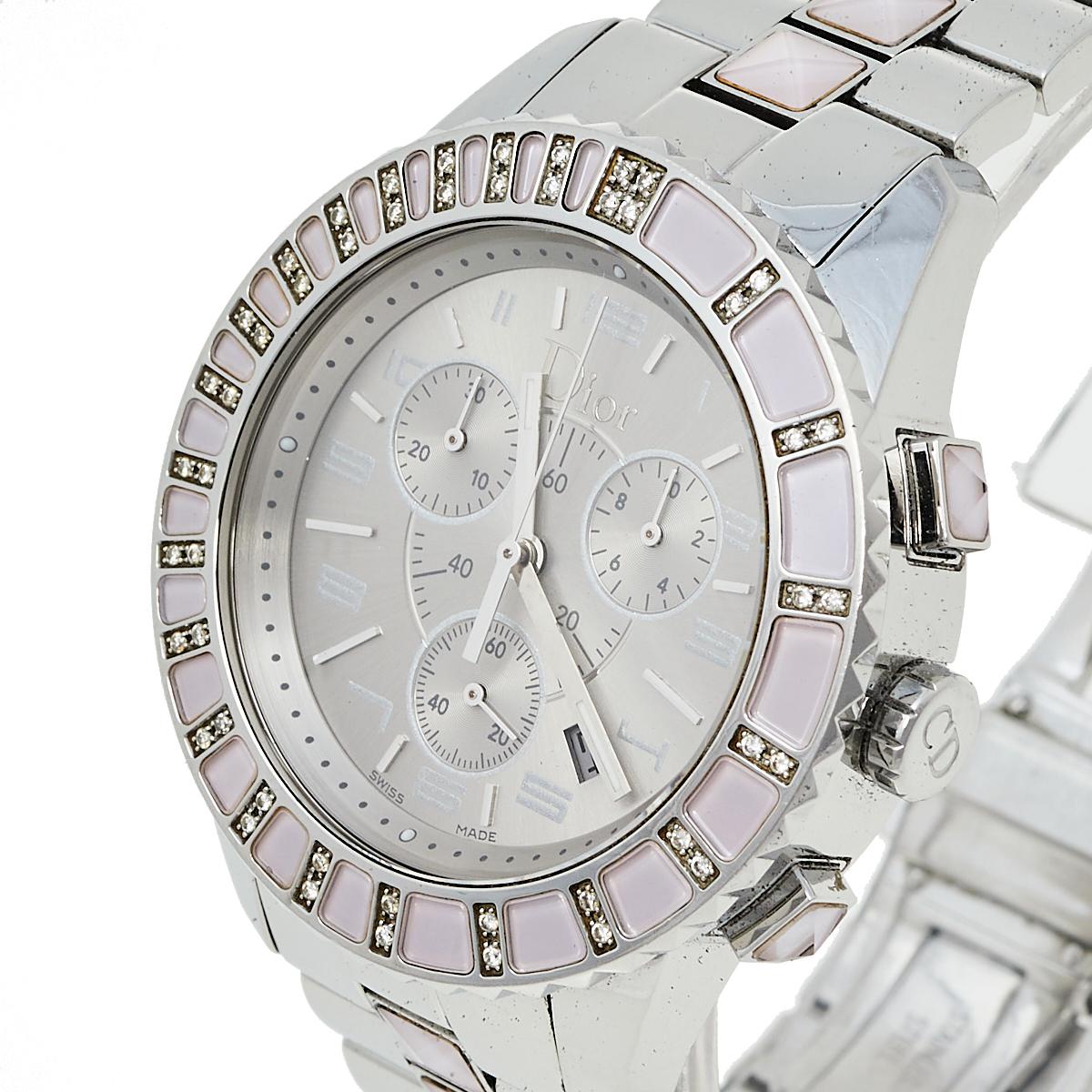 Contemporary Dior Silver Stainless Steel Diamond Pink Sapphire Christal Women's Wristwatch 39