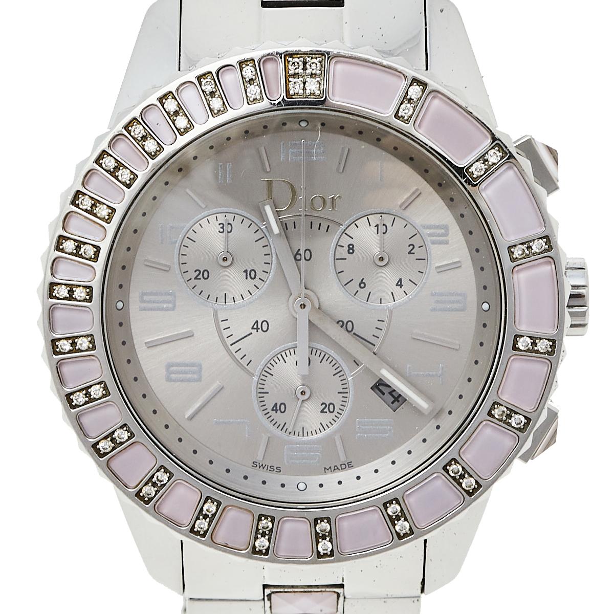 Dior Silver Stainless Steel Diamond Pink Sapphire Christal Women's Wristwatch 39 In Good Condition In Dubai, Al Qouz 2