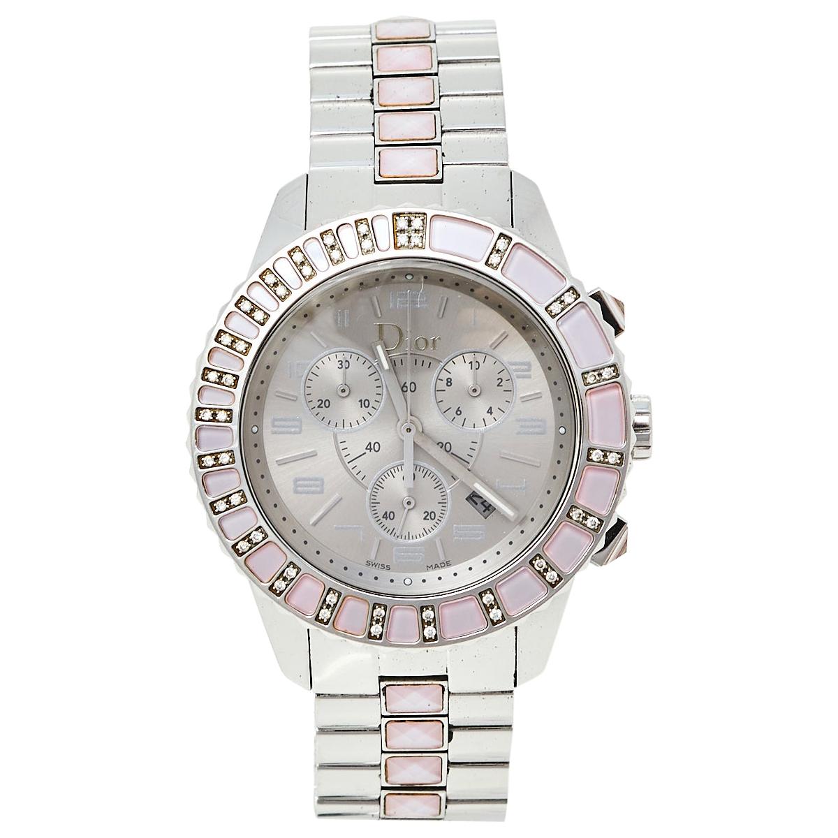 Dior Silver Stainless Steel Diamond Pink Sapphire Christal Women's Wristwatch 39