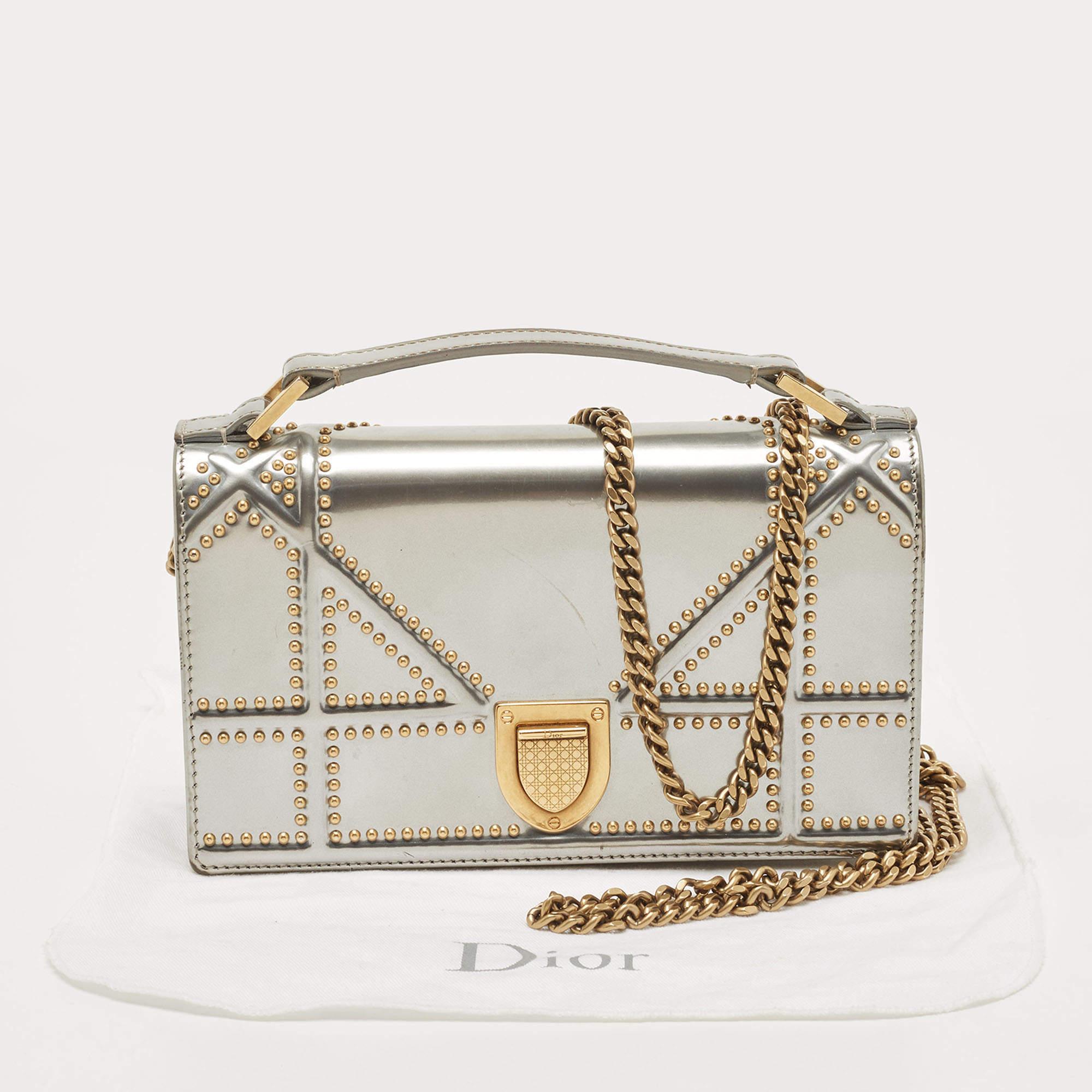 Dior Silver Studded Patent Leather Small Diorama Top Handle Bag 14