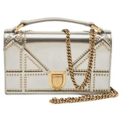 Dior Silver Studded Patent Leather Small Diorama Top Handle Bag
