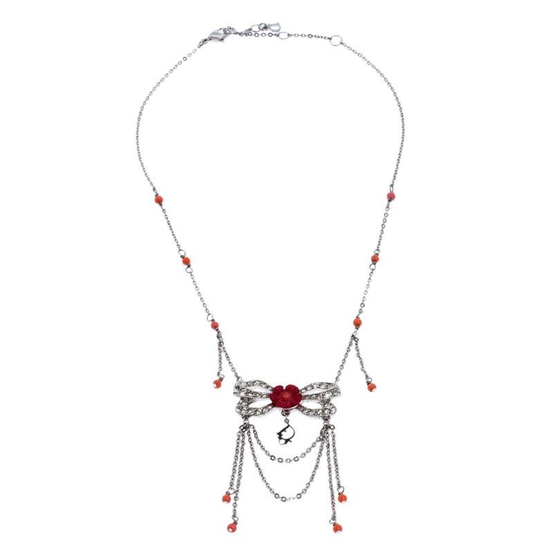 Contemporary Dior Silver Tone Crystal Embellished Layered Floral Bow Necklace