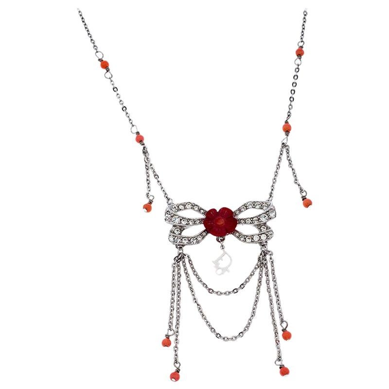 Dior Silver Tone Crystal Embellished Layered Floral Bow Necklace