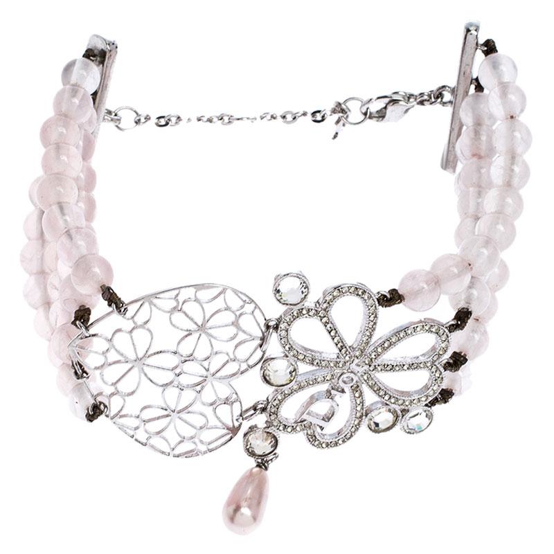 Contemporary Dior Silver Tone Crystal Embellished Multi Strand Beaded Bracelet