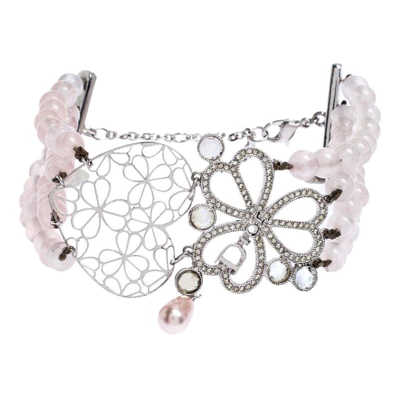 Dior Silver Tone Crystal Embellished Multi Strand Beaded Bracelet