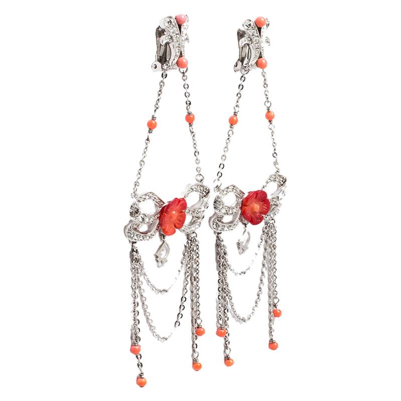 Dior Silver Tone/Red Crystal Embellished Butterfly Drop Earrings In Excellent Condition In Dubai, Al Qouz 2