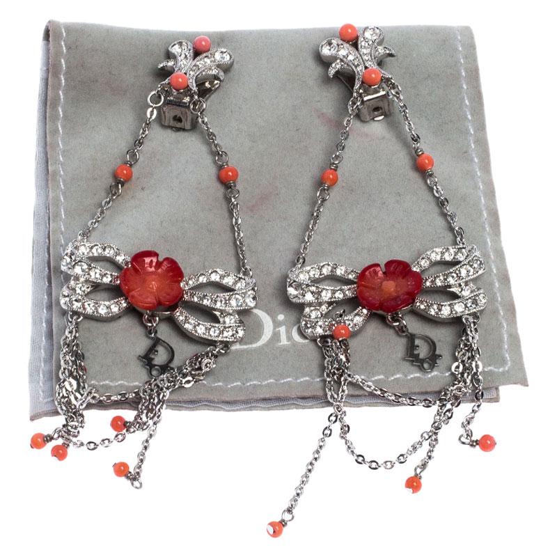 Dior Silver Tone/Red Crystal Embellished Butterfly Drop Earrings 1