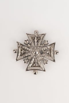 Dior Silvery Metal Cross Brooch with Rhinestones