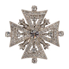 Dior Silvery Metal Cross Brooch with Rhinestones