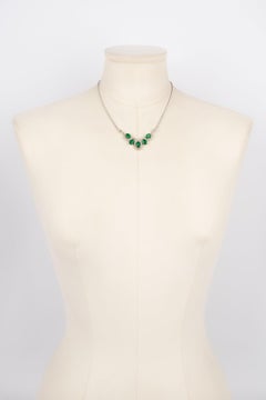Dior Silvery Metal Short Necklace with Green Glass Paste Cabochons