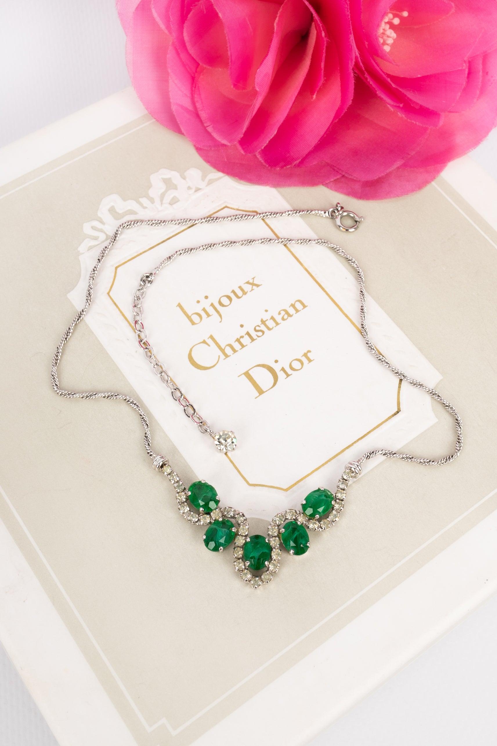 Dior Silvery Metal Short Necklace with Green Glass Paste Cabochons For Sale 2