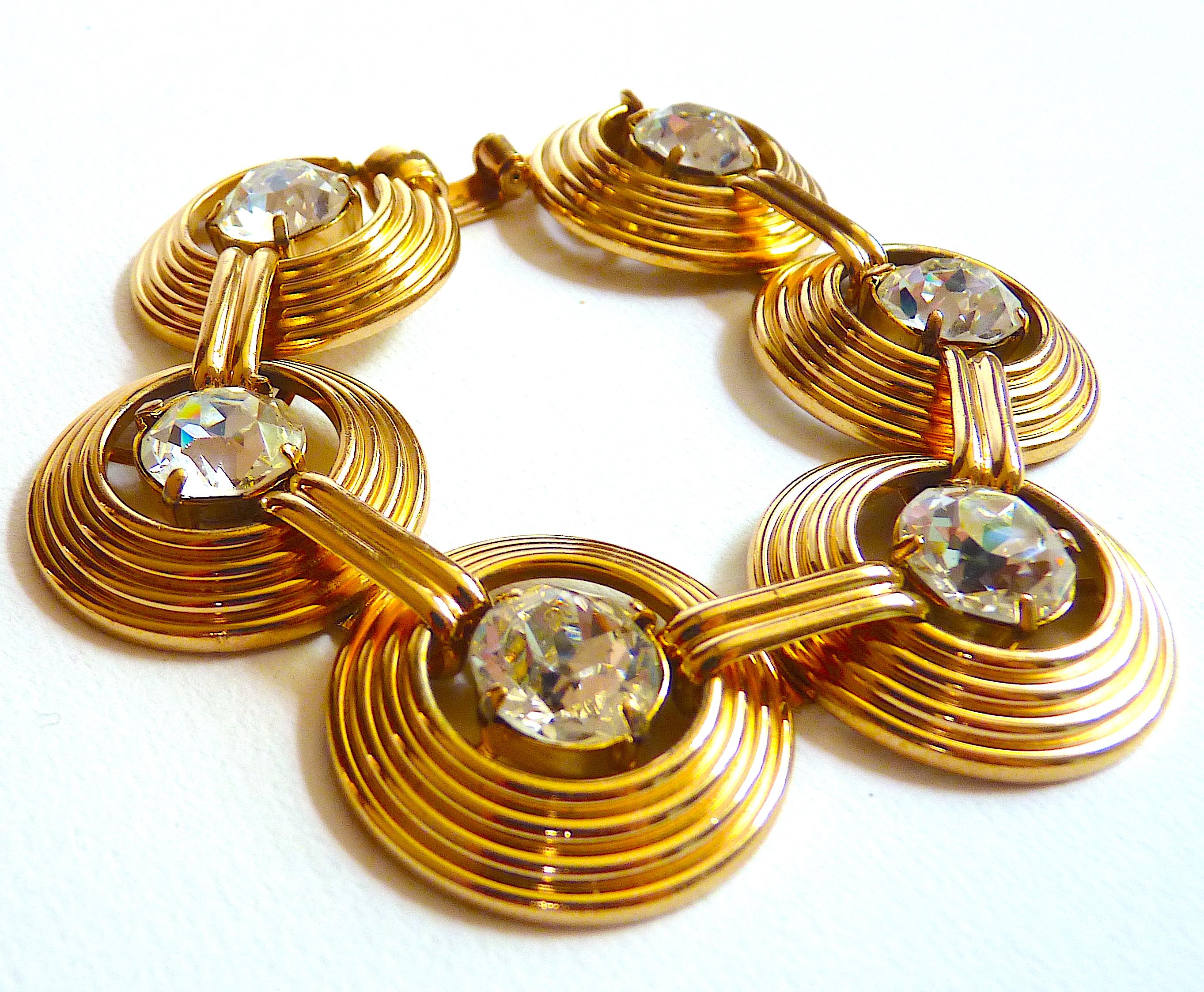 Art Deco Dior Clear Crystal Cabochons and Gilt Metal Bracelet, Vintage from the 1970s For Sale