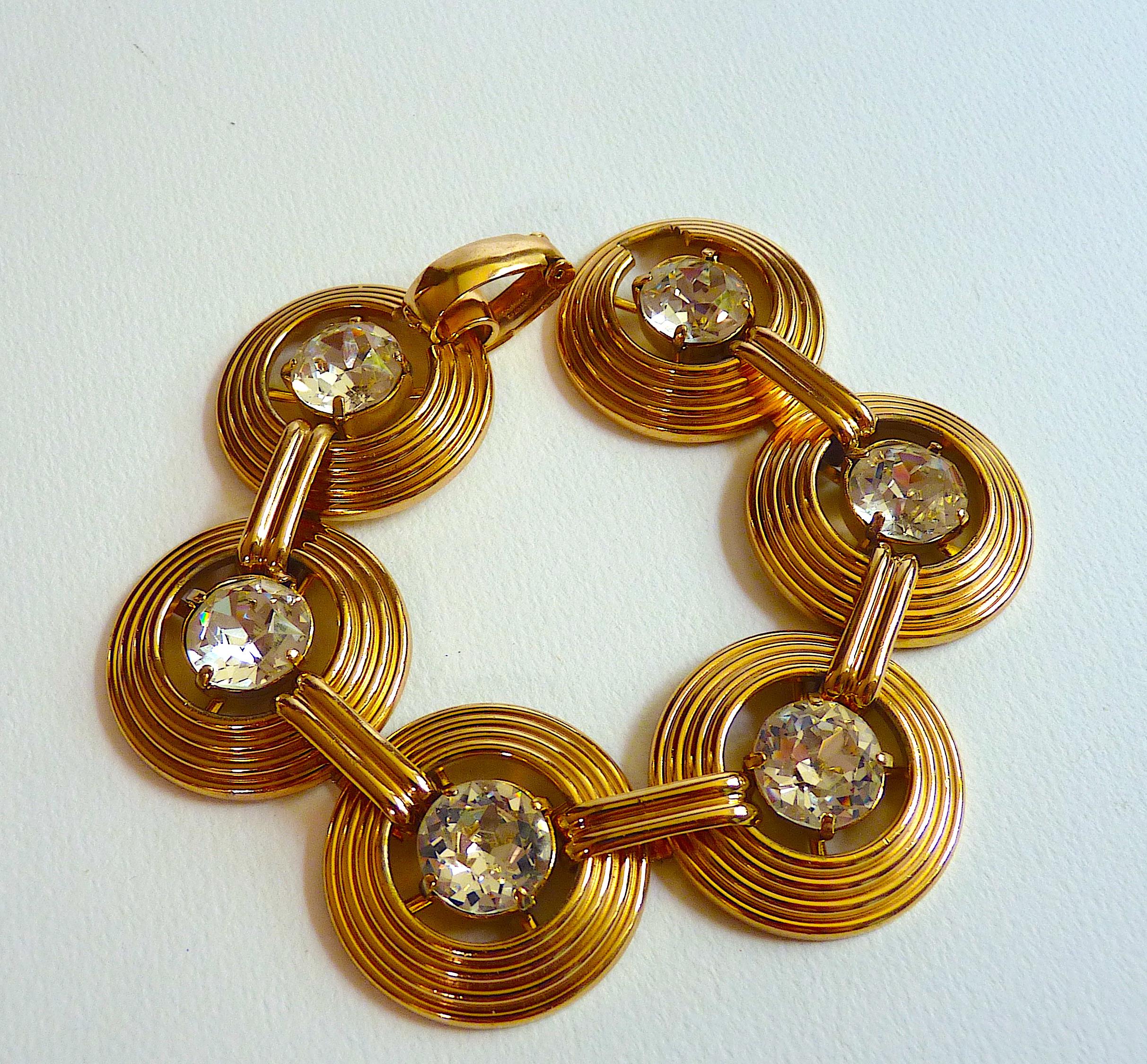 Women's Dior Clear Crystal Cabochons and Gilt Metal Bracelet, Vintage from the 1970s For Sale
