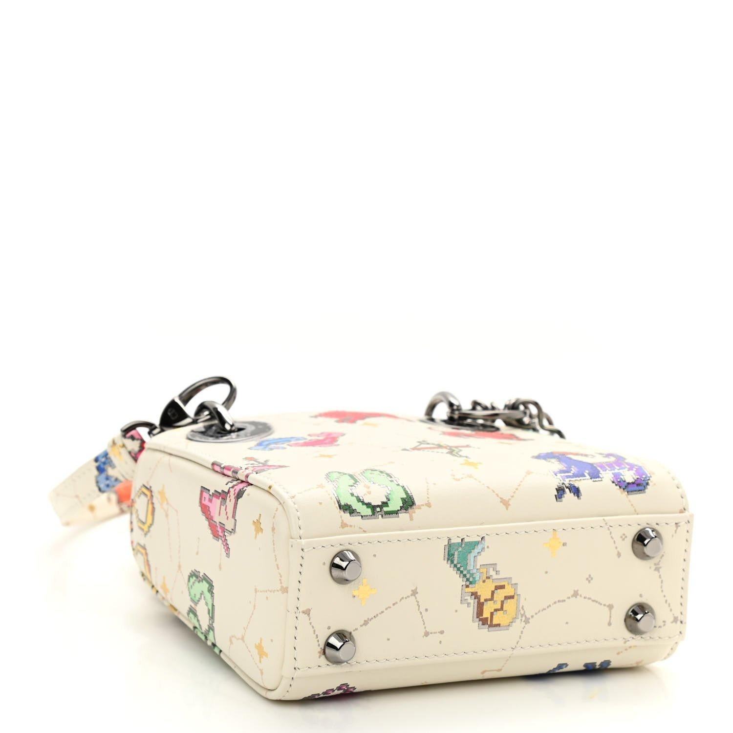 Women's Dior Smooth White Calfskin Zodiac Pixel Printed Micro Lady Dior For Sale