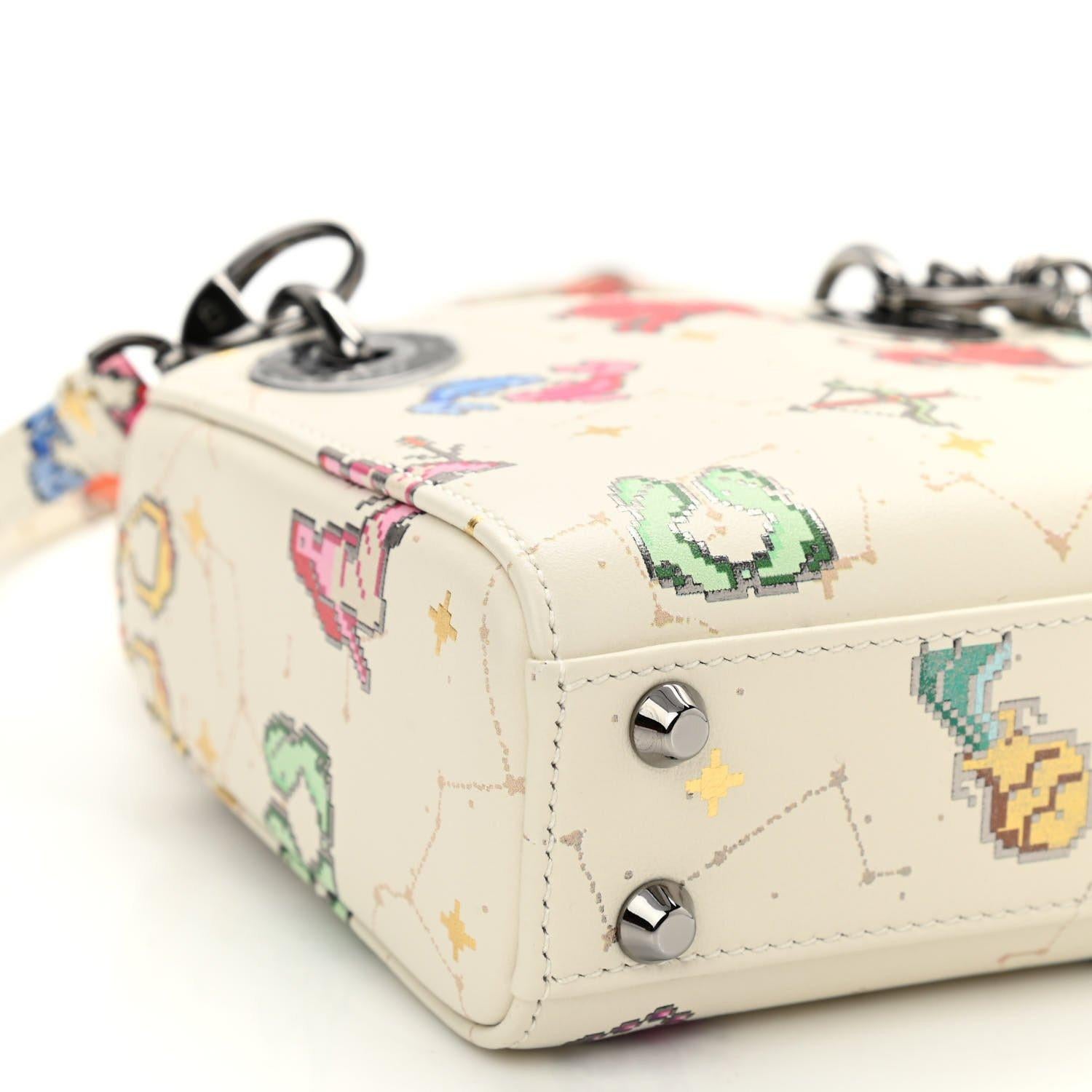 Dior Smooth White Calfskin Zodiac Pixel Printed Micro Lady Dior For Sale 1