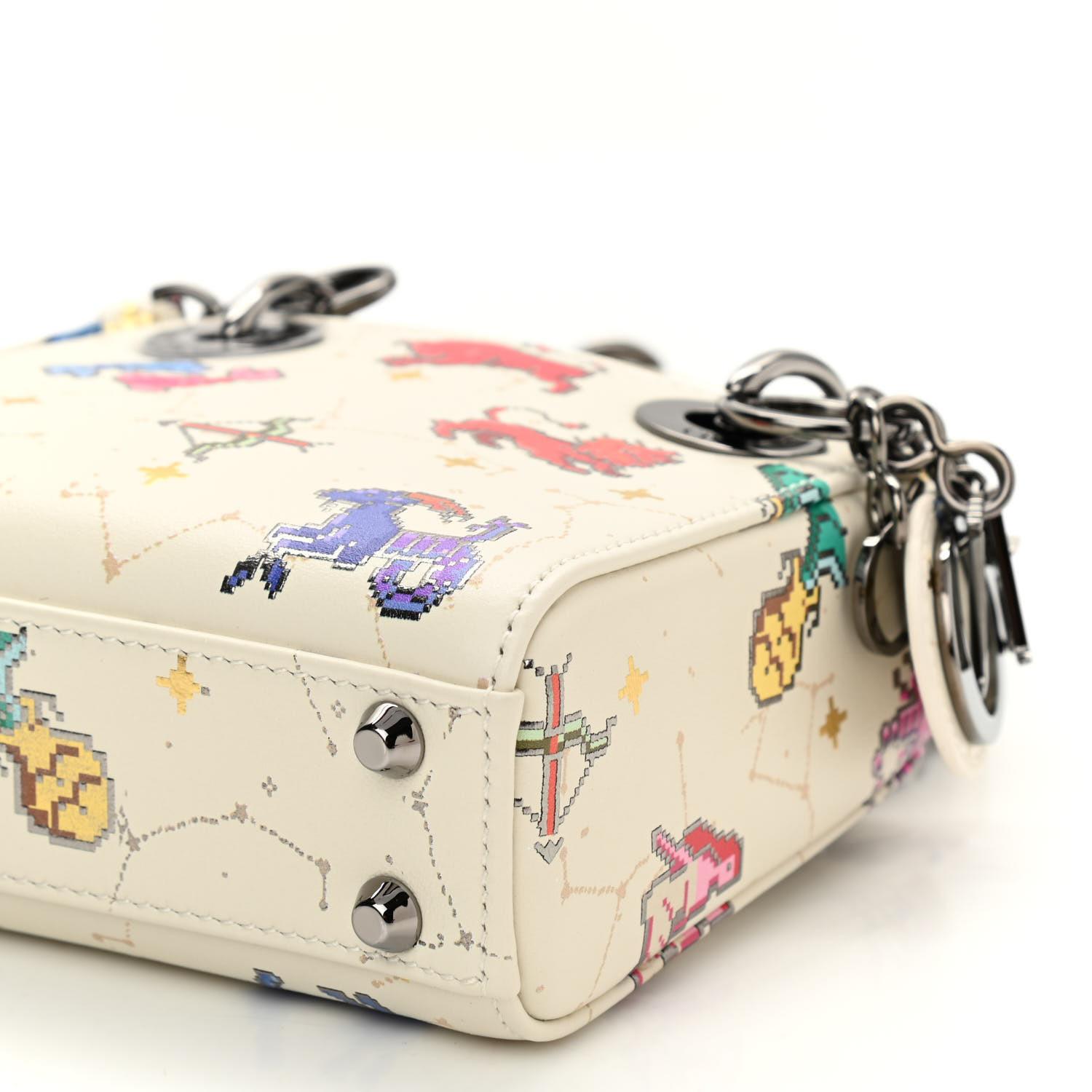 Dior Smooth White Calfskin Zodiac Pixel Printed Micro Lady Dior For Sale 2