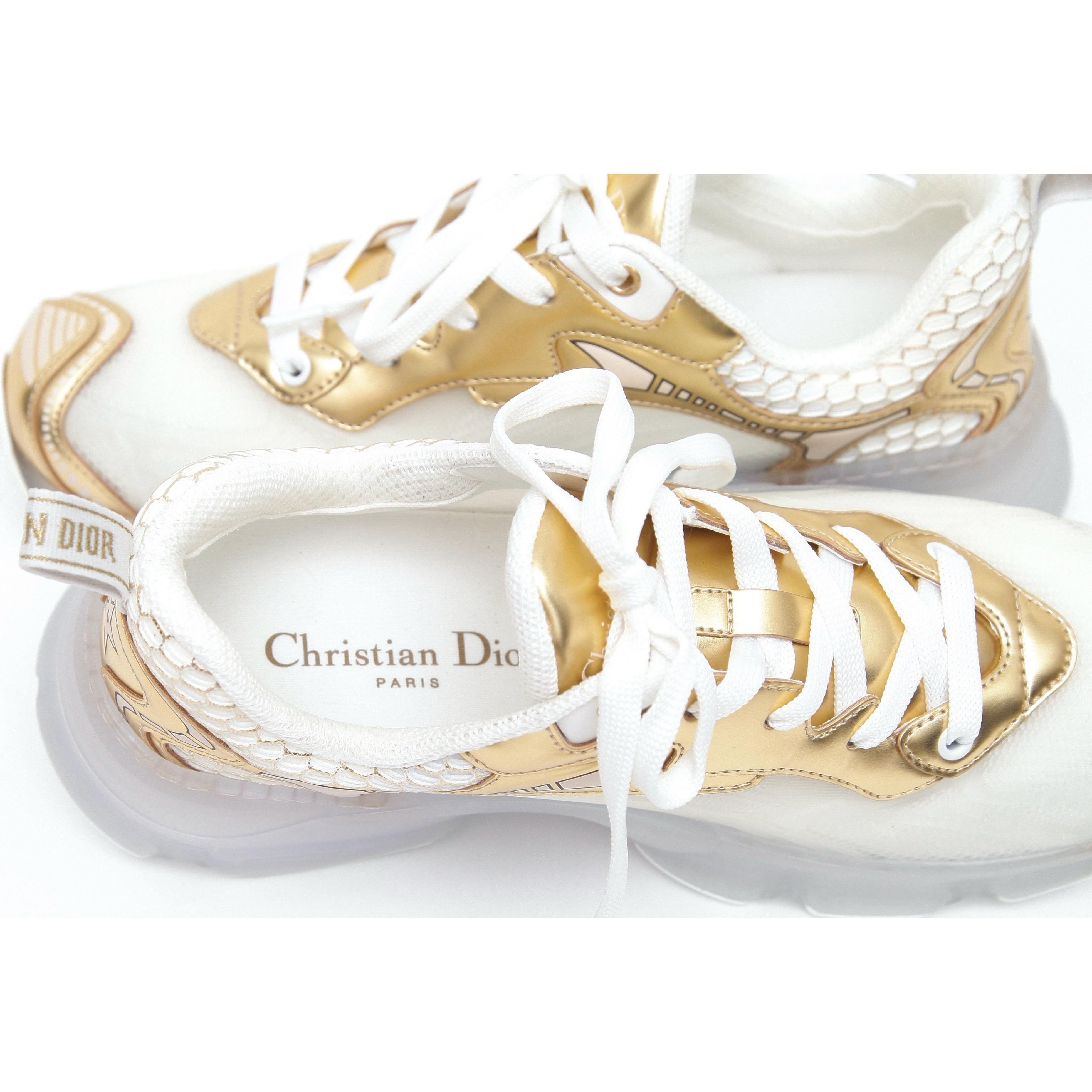 Women's DIOR Sneakers Lace Up VIBE Trainer White Mesh Gold-Tone Star Rubber Sz 38