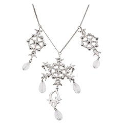 Dior Snowflake Charm Crystal Embellished Silver Tone Pendant Necklace