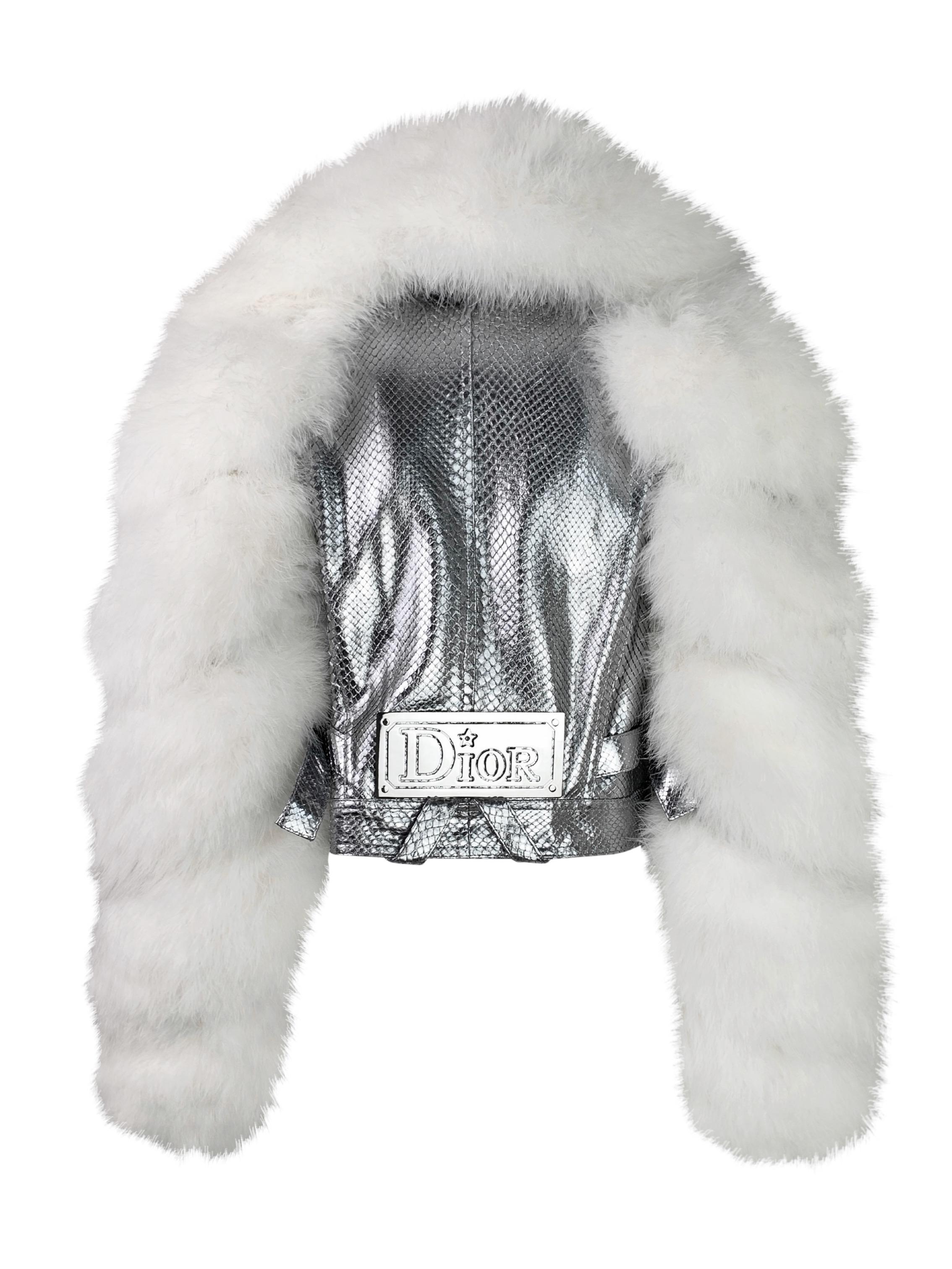 Women's Dior Spring 2004 RTW Silver Python Feather Jacket with a Logo metal plate