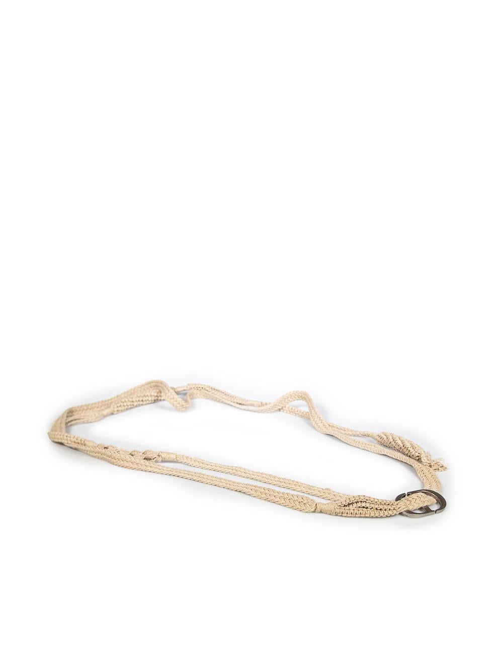 CONDITION is Very good. Minimal wear to belt is evident. The hardware has abrasions and is tarnished on this used Dior designer resale item.
  
  
  
  Details
  
  
  Spring 2020
  
  Beige
  
  Raffia
  
  Rope belt
  
  Silver tone logo buckle
 