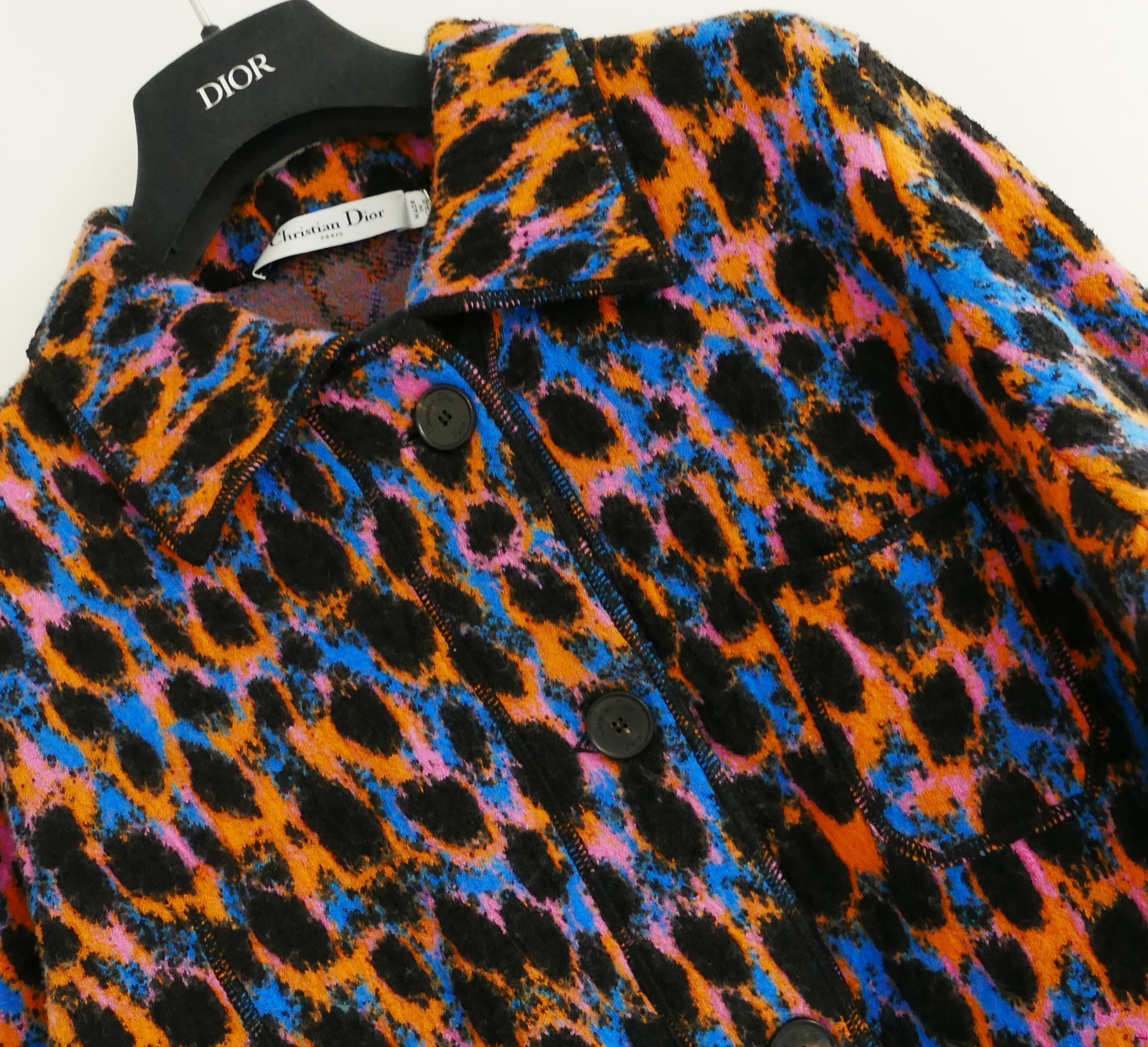 Amazing Dior Leopard Neon jacket from the top from the Spring 2022 Collection. Bought for £2750 and new with tag/spare button, hanger and suit carrier. Made from thick felted wool mix with a vibrant Fantaisie coloured leopard weave with contrast
