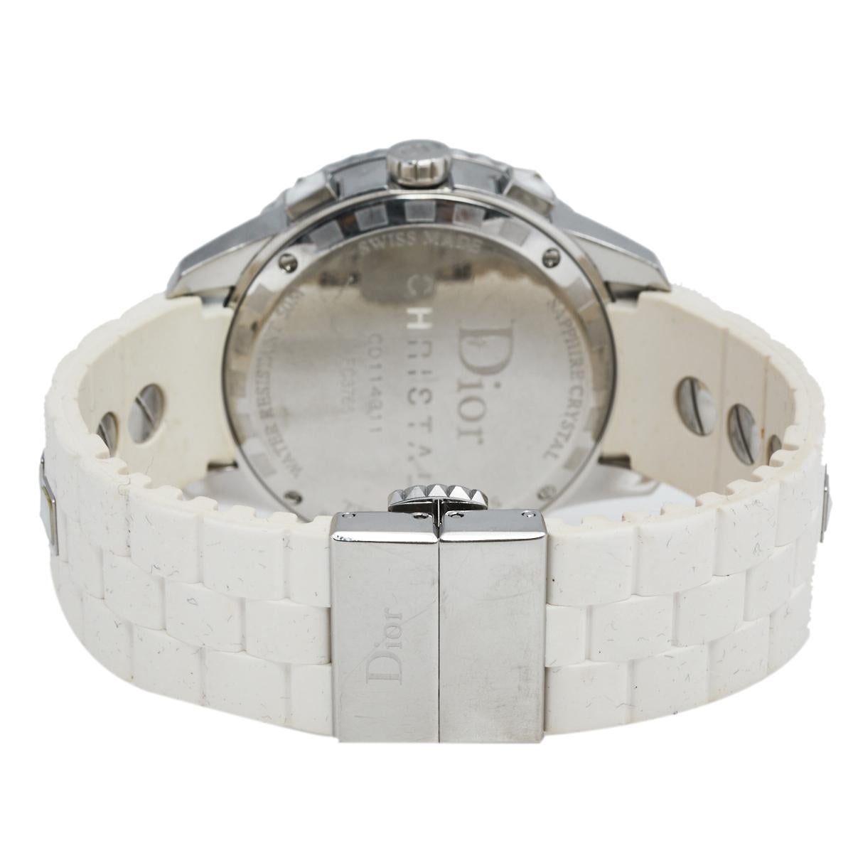 Here's a timepiece that will not only assist you with the correct time but also elevate your style quotient. This Dior watch is from their Christal collection, and it is Swiss-made. It has a stylish stainless steel case of diameter 38 mm with an
