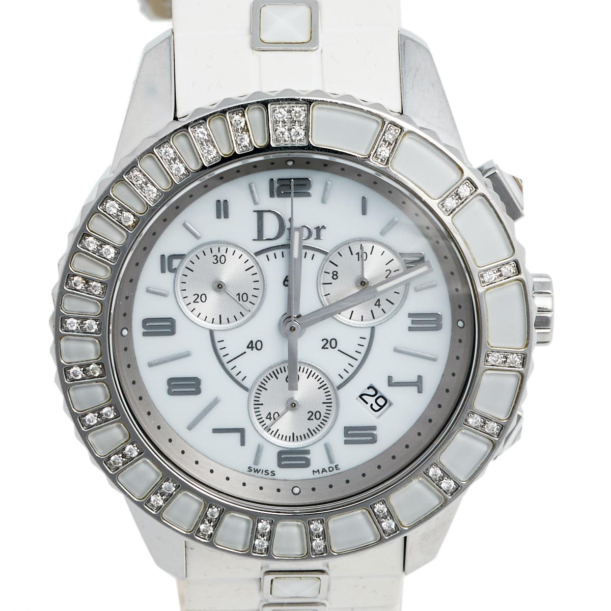 Contemporary Dior Stainless Steel Rubber Diamonds Christal Women's Wristwatch 38 mm