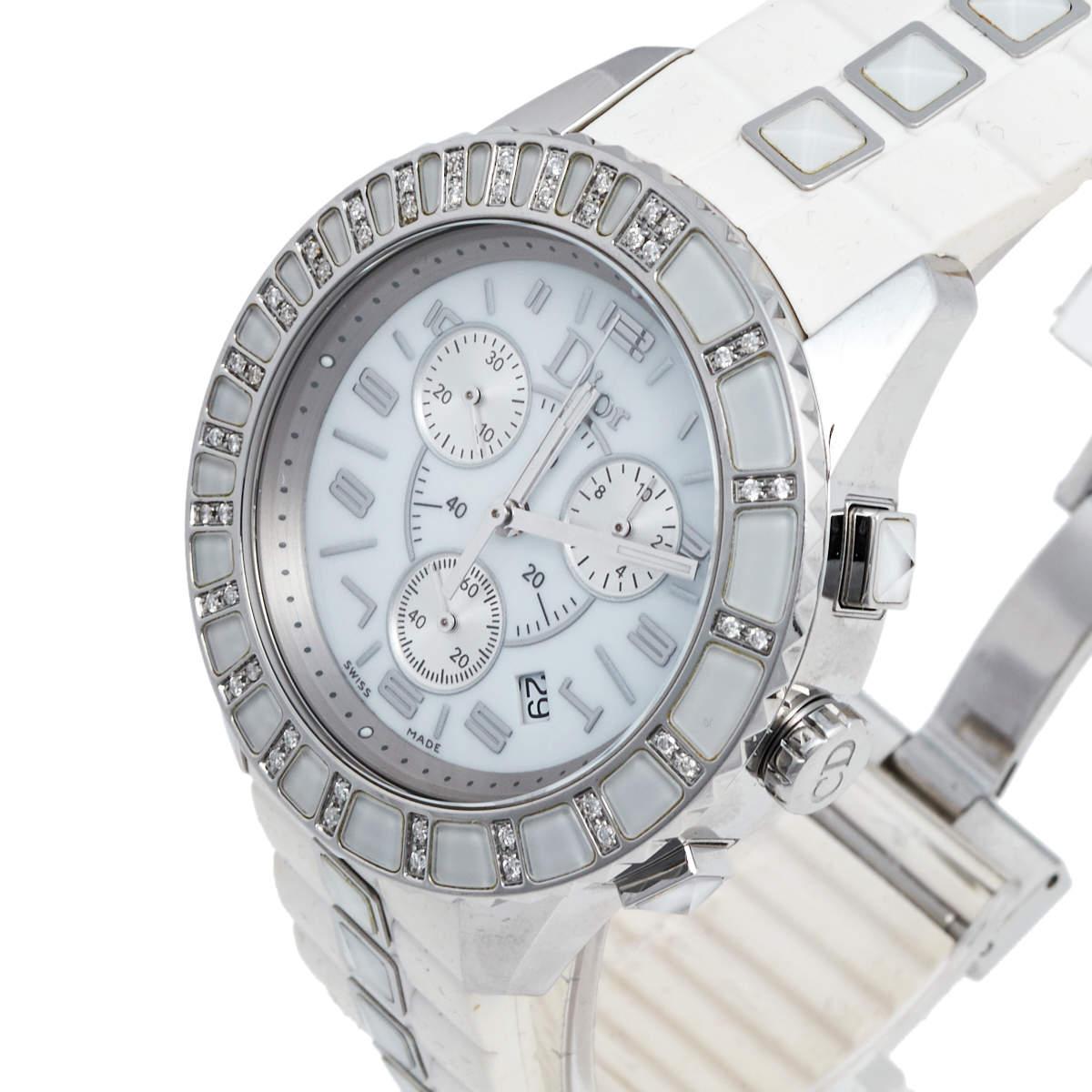 Contemporary Dior Stainless Steel Rubber Diamonds Christal Women's Wristwatch 38 mm