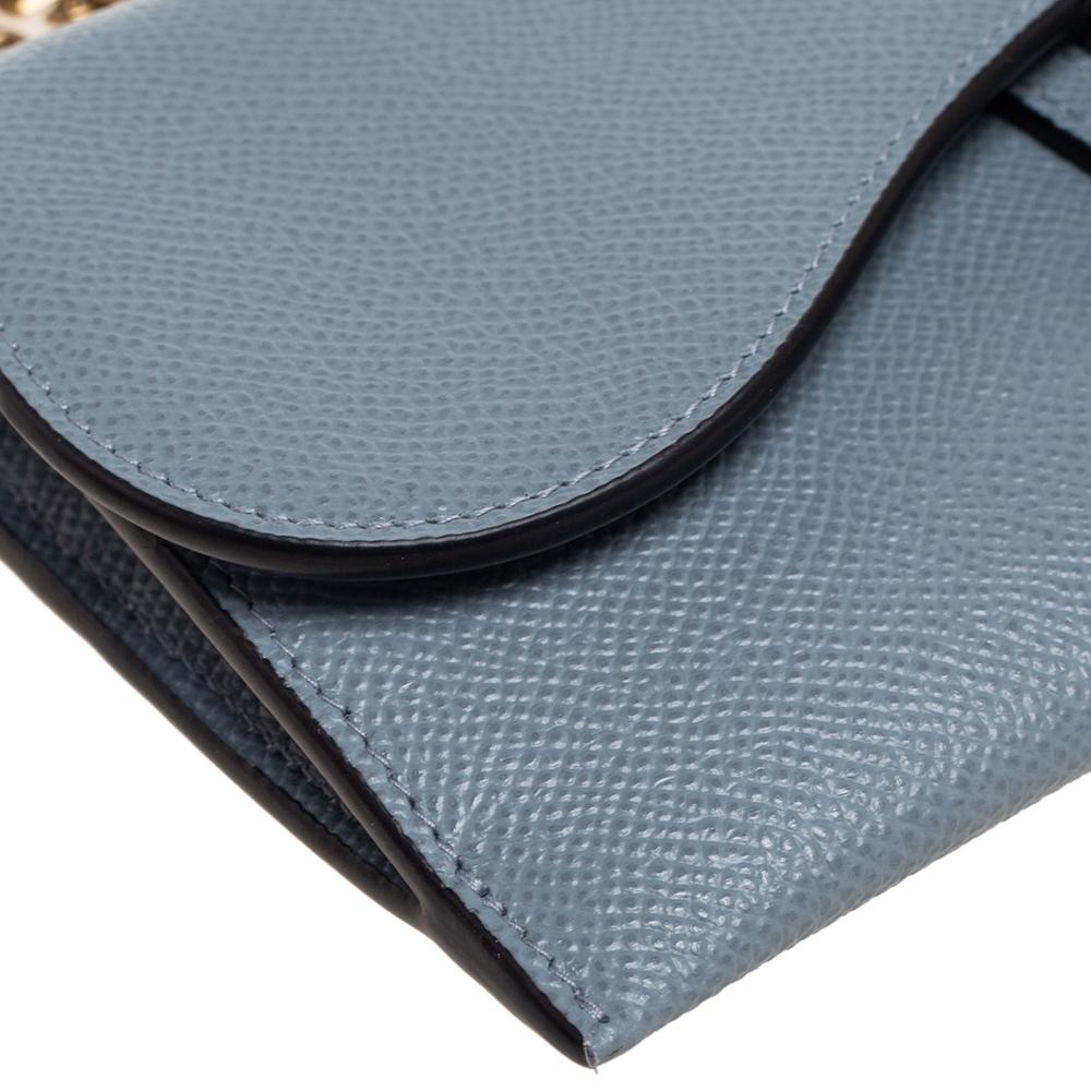 Gray Dior Stone Blue Leather Saddle Wallet on Chain