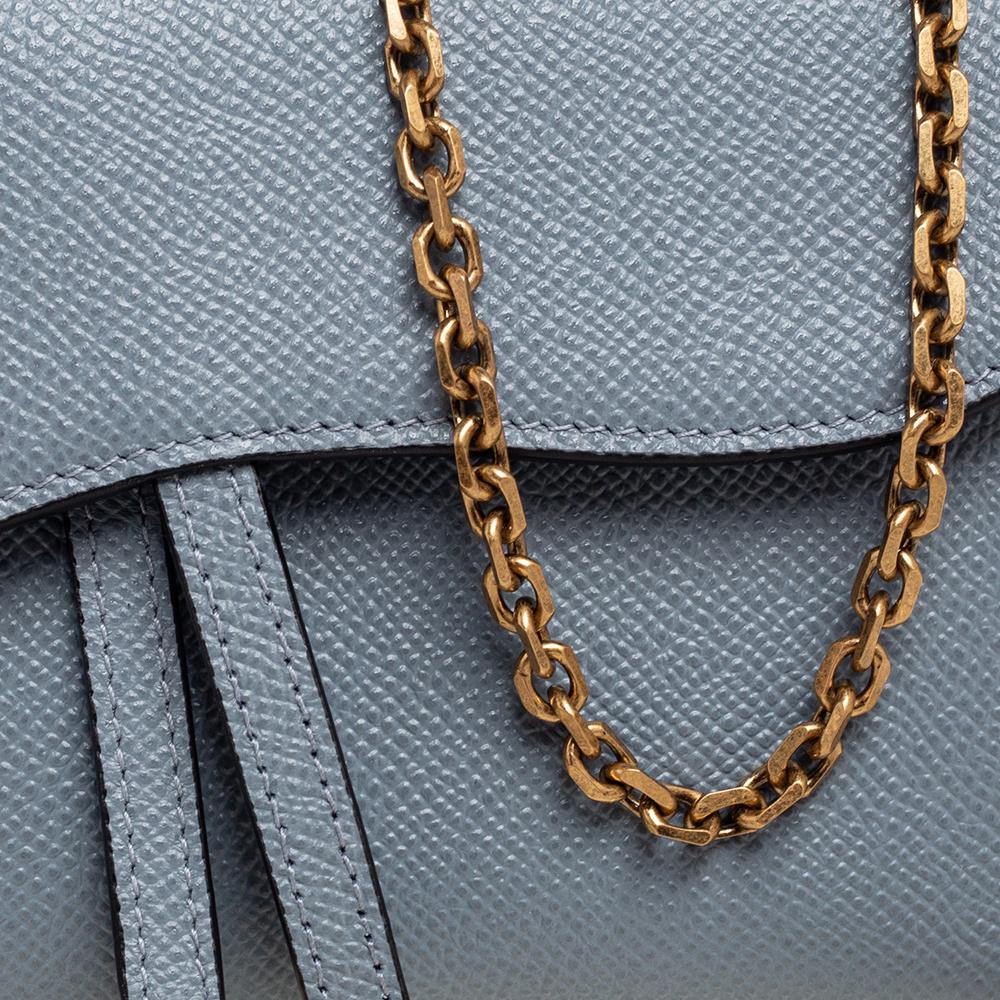 Women's Dior Stone Blue Leather Saddle Wallet on Chain