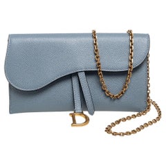 Dior Stone Blue Leather Saddle Wallet on Chain