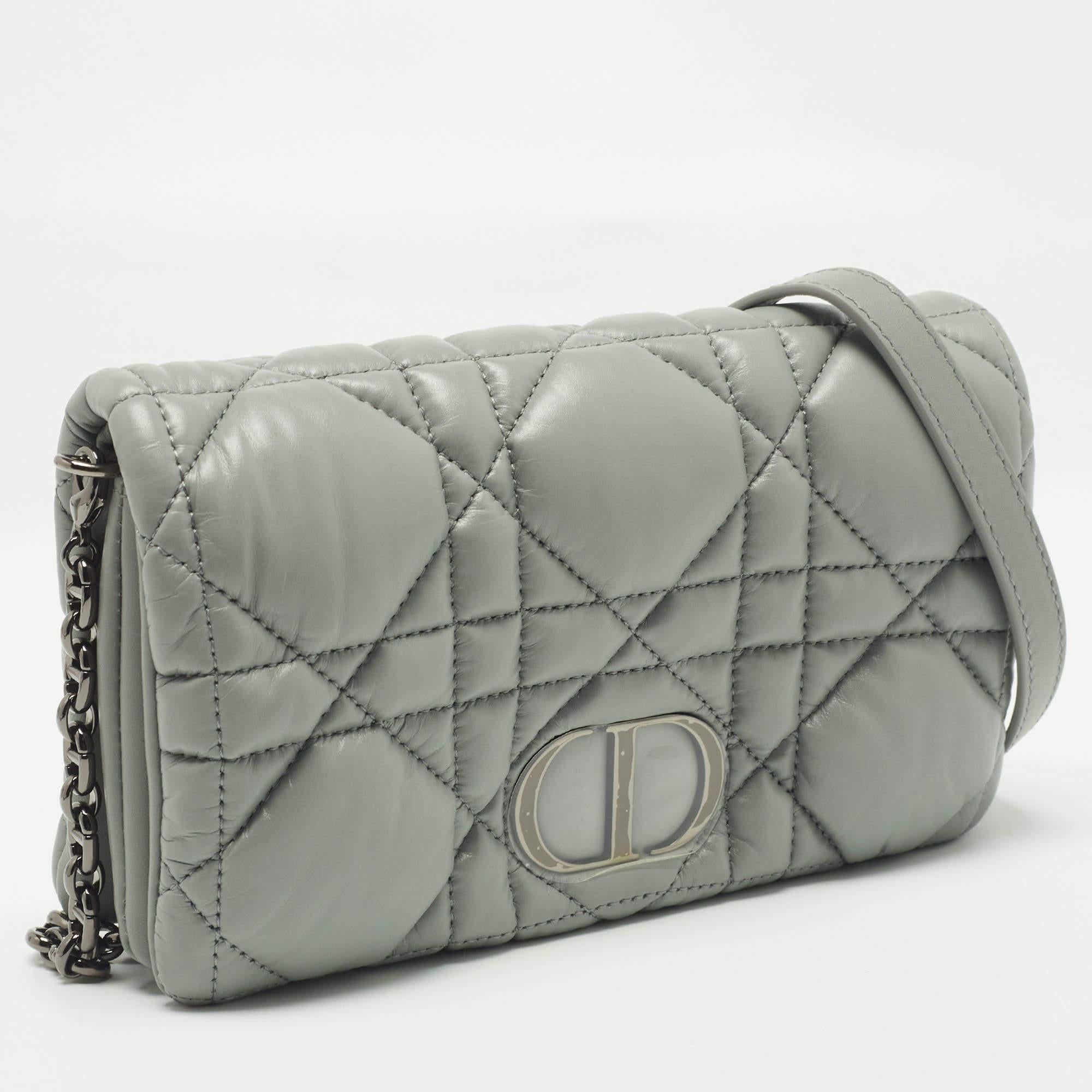 Gray Dior Stone Grey Macrocannage Leather Mini Caro Bag