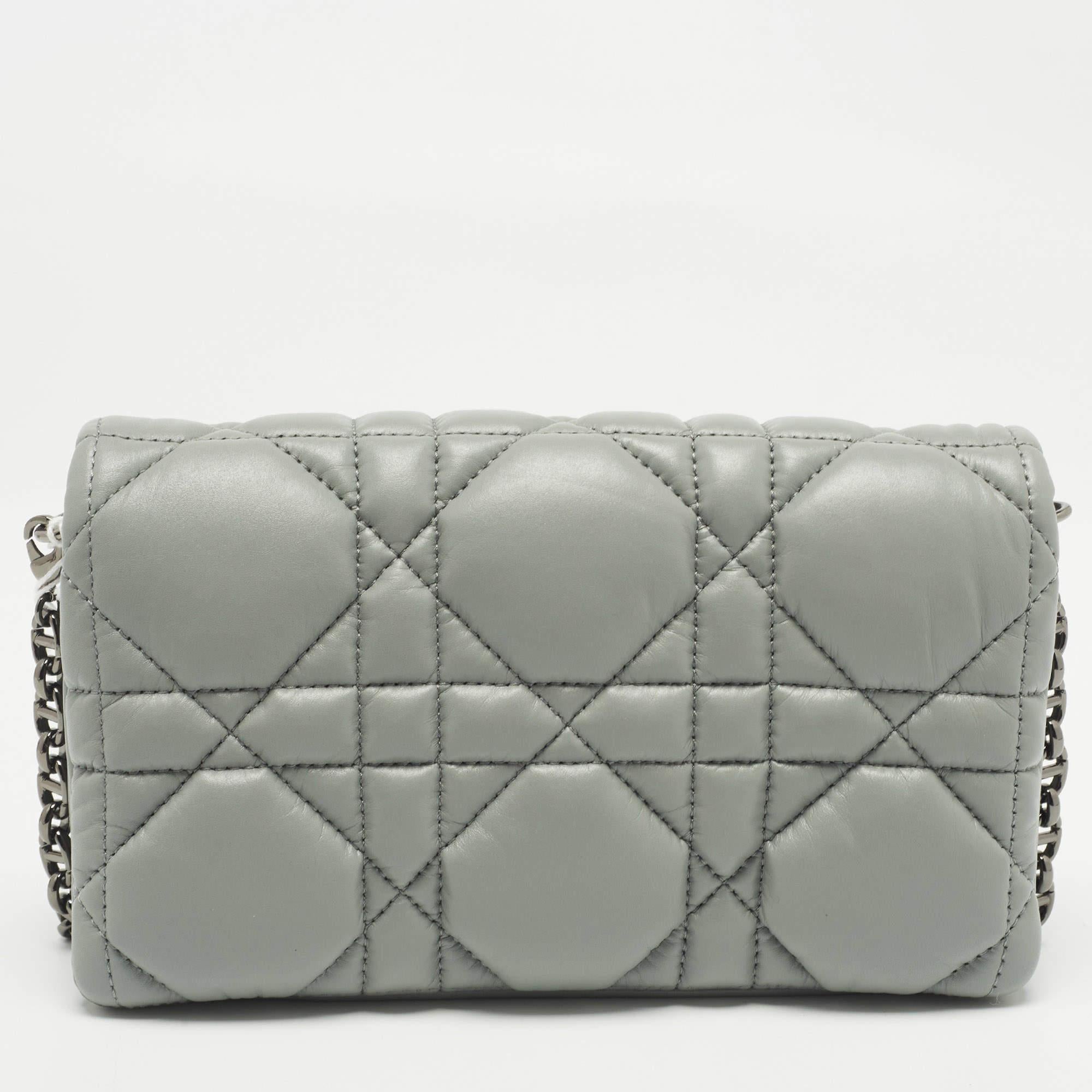 Dior Stone Grey Macrocannage Leather Mini Caro Bag In Good Condition In Dubai, Al Qouz 2