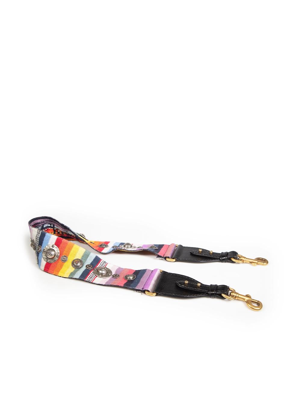 CONDITION is Very good. Minimal wear to to strap is evident. Minor tarnishing of the clasps on this used Dior designer resale item.
 
 Details
 Multicolour
 Cloth textile
 Bag strap
 Striped pattern
 Gold tone clasp fastening
 Silver tone studded