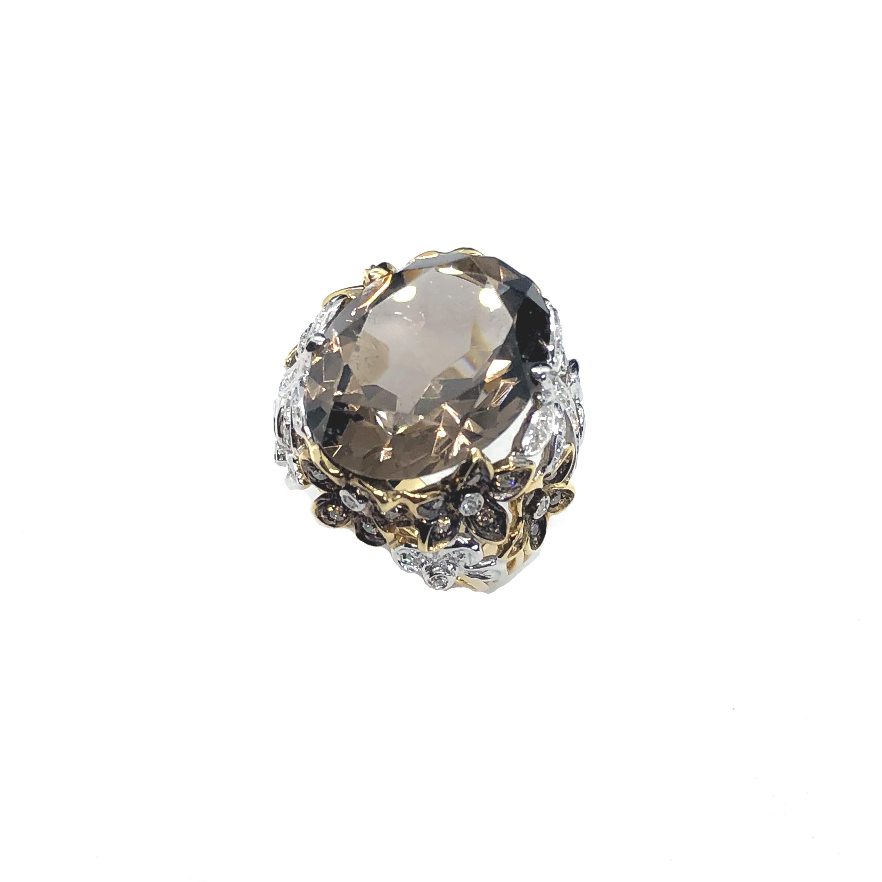 Magnificent “Dior” Style Flower Ring in 18 Kt yellow Gold, setted with 0.54 ct of brilliant cut VVS  quality Brown diamonds and 0.50 ct of white diamonds brilliant cut with a notable oval cut smoky quartz of 18.70 ct that measures 20 x 15 mm.

Size