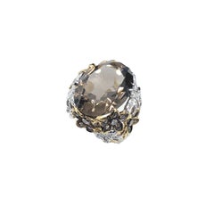 Flowers Cocktail Ring 18 Carat Yellow Gold Diamonds 18.70 Carat Smoky Quartz