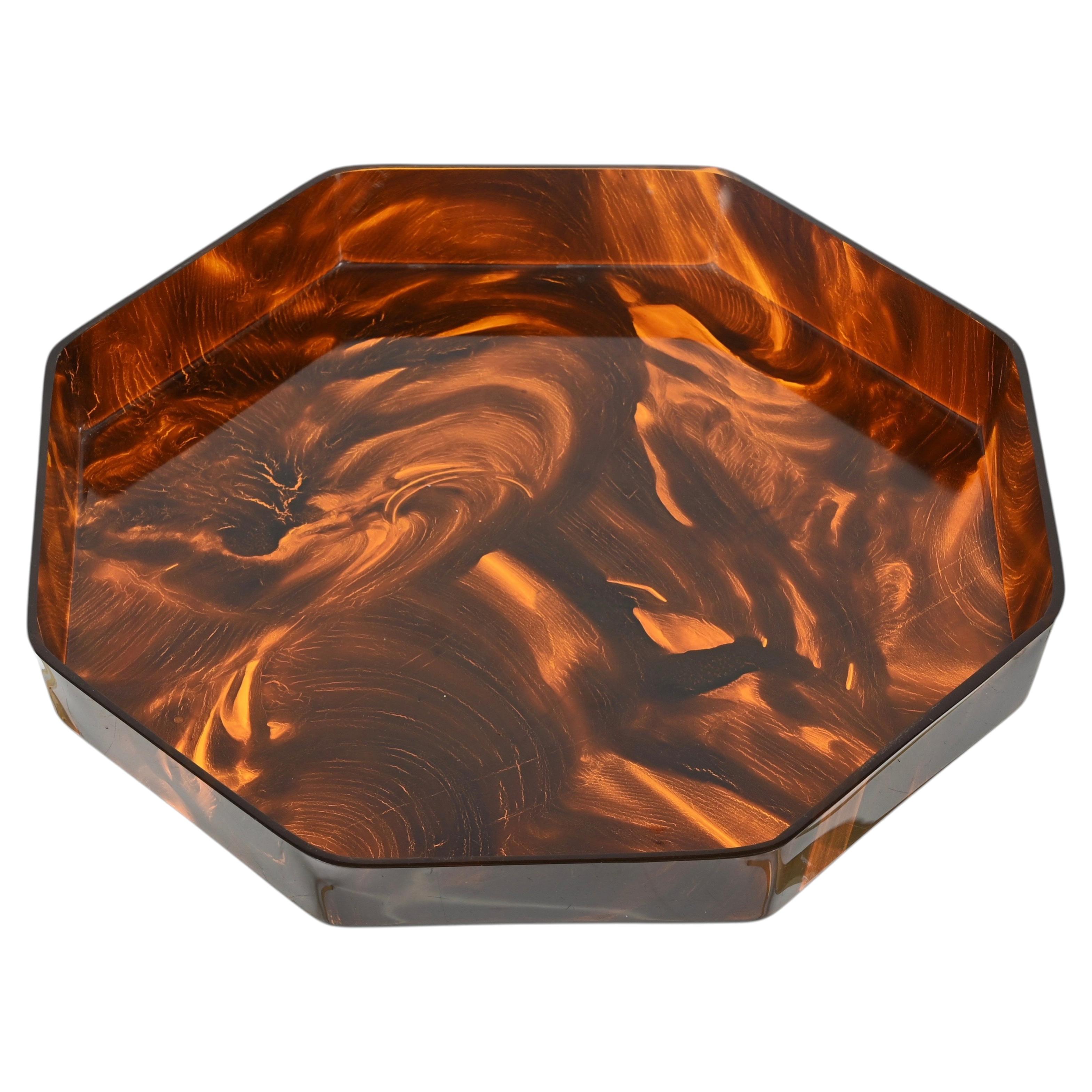 Dior Style Octagonal Tortoiseshell Effect Lucite Serving Tray, Italy, 1970s For Sale