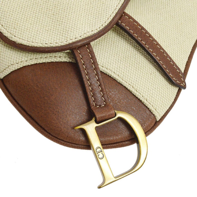 Dior Tan Canvas Brown Leather Gold 'D' Charm Fanny Pack Waist Belt Bag