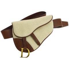 Dior Tan Canvas Brown Leather Gold 'D' Charm Fanny Pack Waist Belt Bag