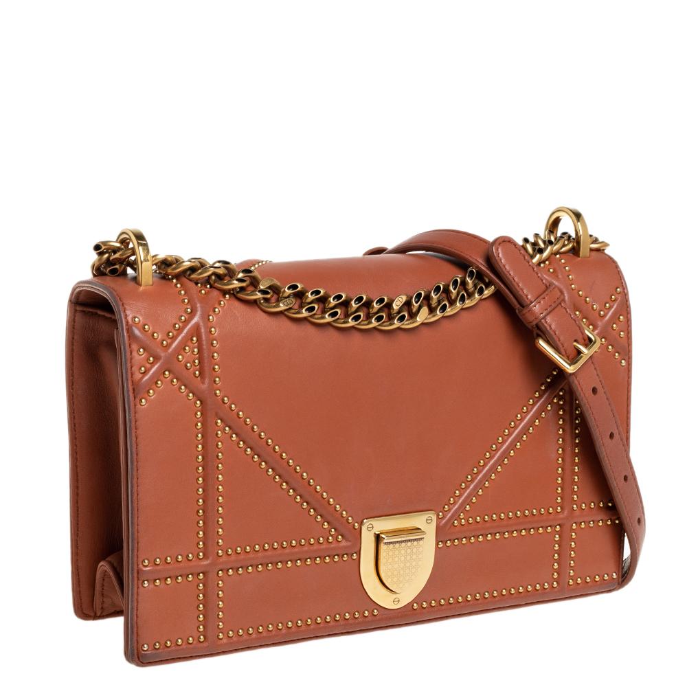 Brown Dior Tan Leather Medium Studded Diorama Flap Shoulder Bag