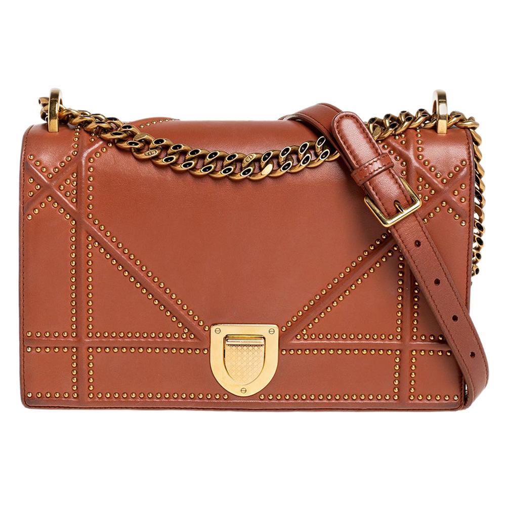 Dior Tan Leather Medium Studded Diorama Flap Shoulder Bag