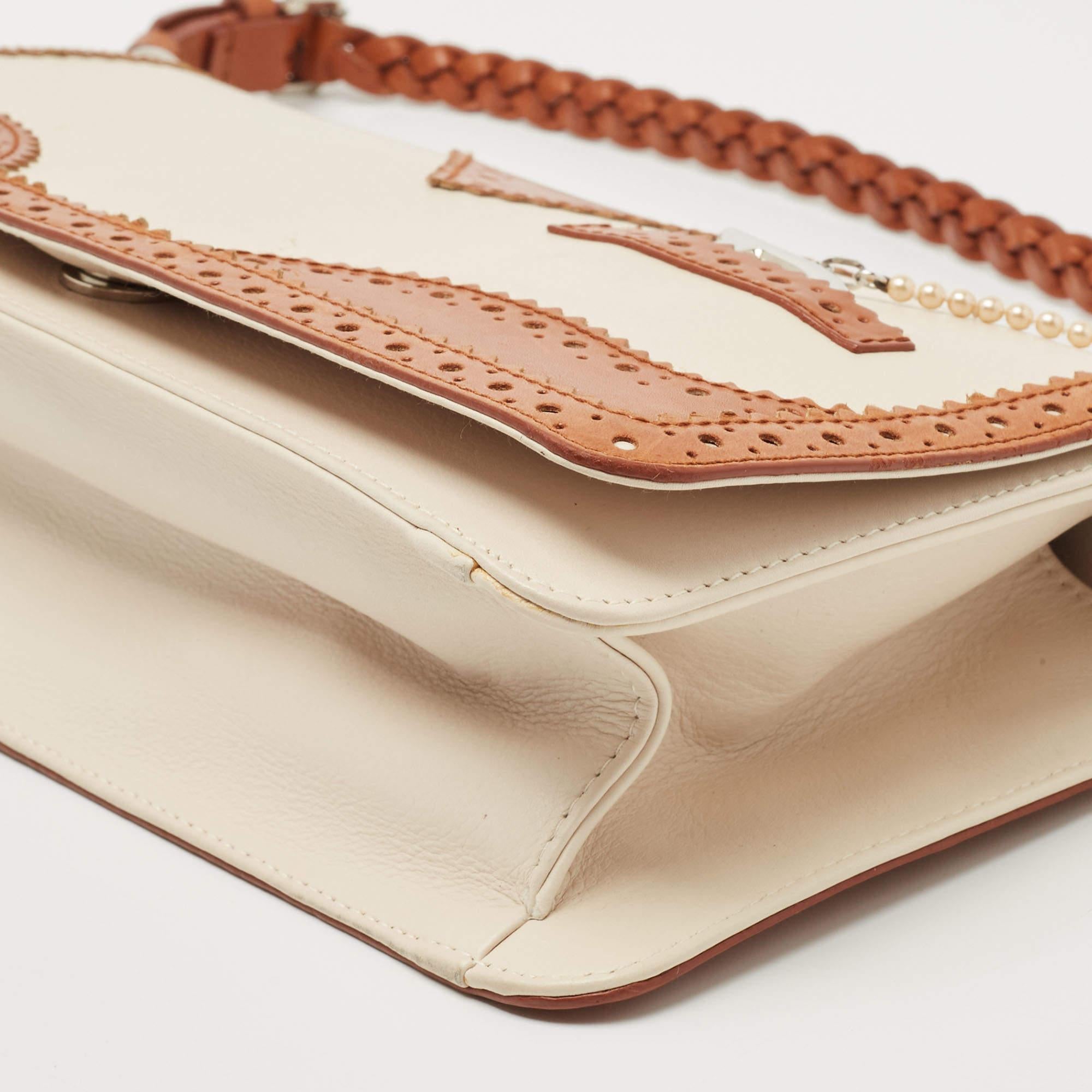 Dior Tan/Off White Brogue Leather Faux Pearl D’Trick Baguette Bag 5