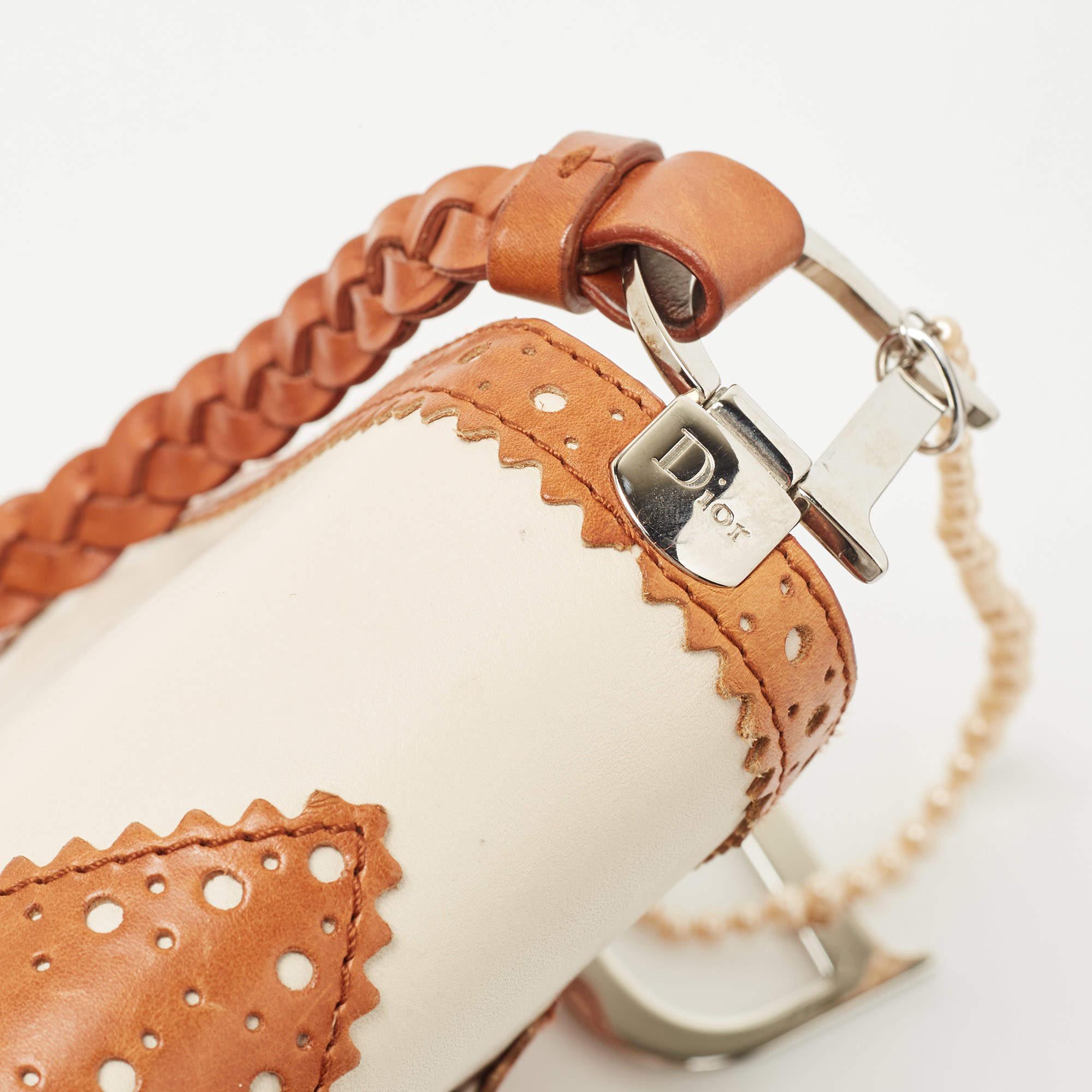 Dior Tan/Off White Brogue Leather Faux Pearl D’Trick Baguette Bag 11