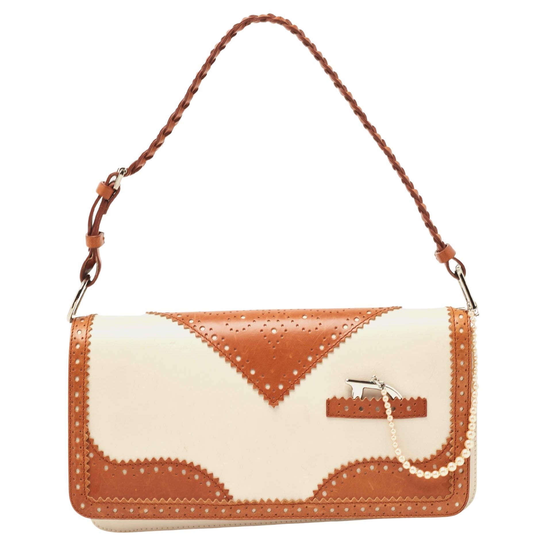 Dior Tan/Off White Brogue Leather Faux Pearl D’Trick Baguette Bag