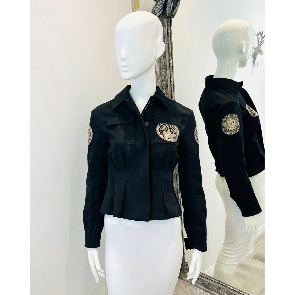 Dior Tarot Card Collection Cotton Jacket 

From the 2021 Tarot card collection, Black, tapered-wait, collared jacket.
Embellished with ivory embroidered tarot-motif patches to the chest and sleeves.
Designed with flap chest pockets and pleat